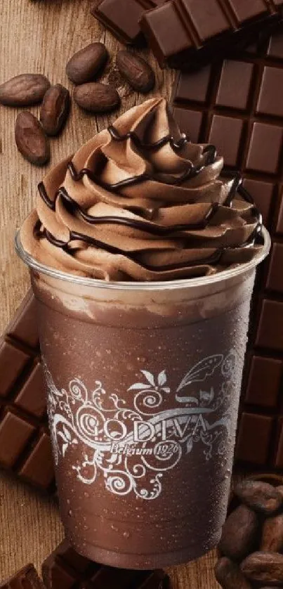 Rich chocolate drink with creamy swirls and cocoa beans on a wooden background.