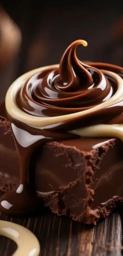 Close-up of a luscious chocolate dessert with rich swirls.