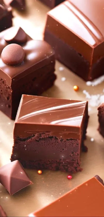 Close-up of chocolate brownies with ganache squares in rich chocolate hues.