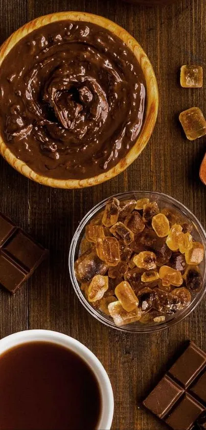Chocolate-themed mobile wallpaper with desserts and coffee.