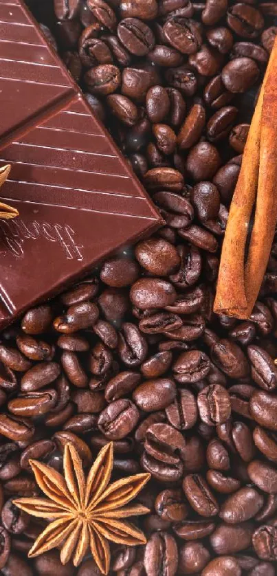Mobile wallpaper with coffee beans, chocolate, and cinnamon sticks.