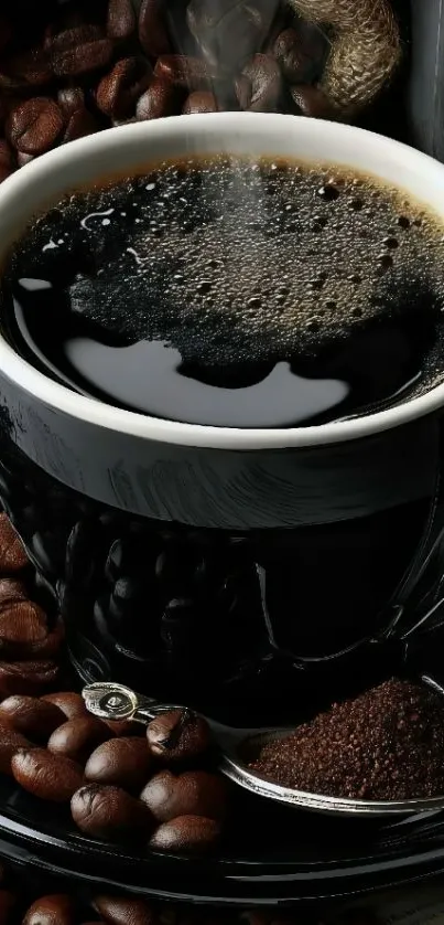 Steaming cup of coffee surrounded by roasted beans.