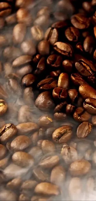 Steaming roasted coffee beans wallpaper with rich brown tones.