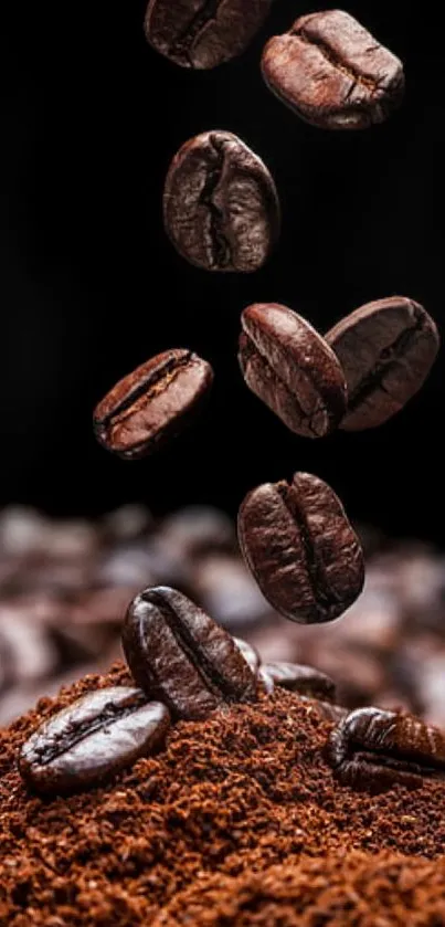 Falling coffee beans on ground coffee with a dark backdrop.