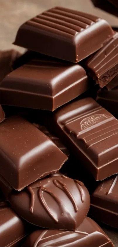 Rich dark chocolate squares stacked enticingly.