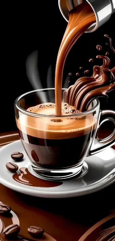 Steaming espresso pouring into cup with splash.