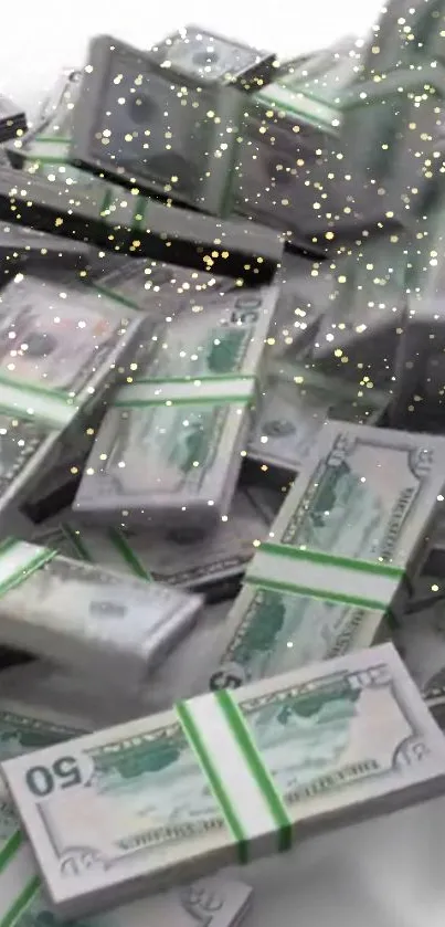 Piles of dollar bills with golden sparkles.