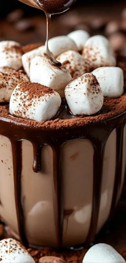 Cup of hot chocolate with marshmallows and cocoa.