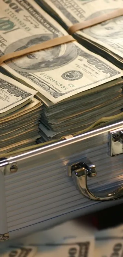 Suitcase filled with hundred-dollar bills on a circular glass table.
