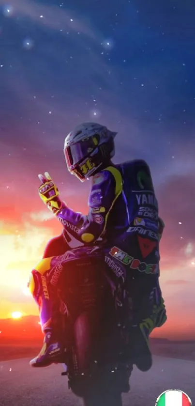 Motorcycle rider performing a stunt during sunset with a starry sky backdrop.