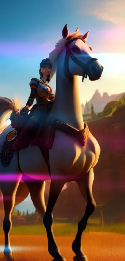 Rider on a white horse with a sunset in a canyon landscape.