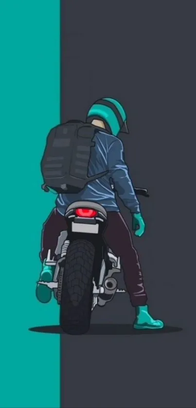 Minimalist art of a motorcycle rider with teal accents on a phone wallpaper.