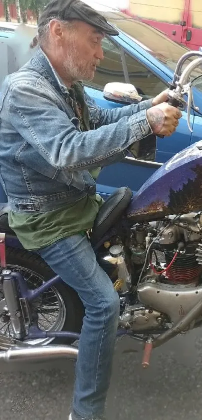 A man on a vintage motorcycle in urban surroundings.