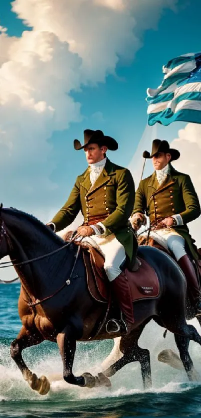 Two riders gallop through sea with flag under blue sky.