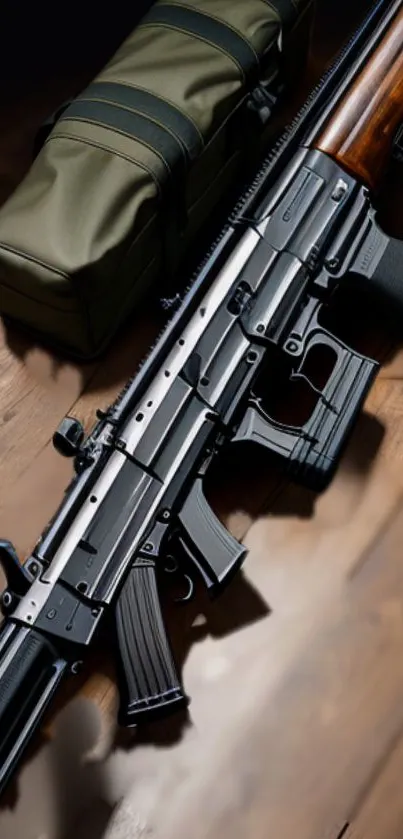 Rifle and military gear on a wooden floor.