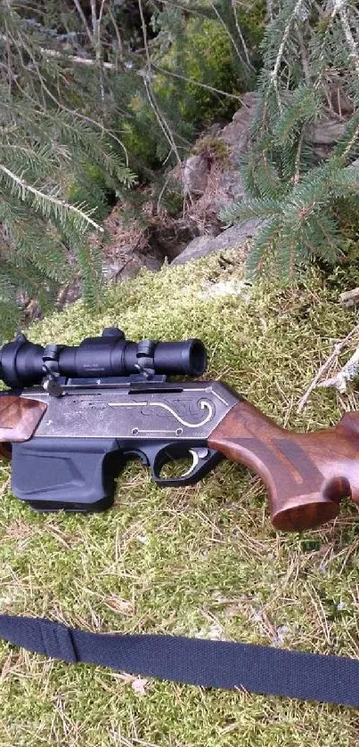 Rifle resting on mossy forest ground.