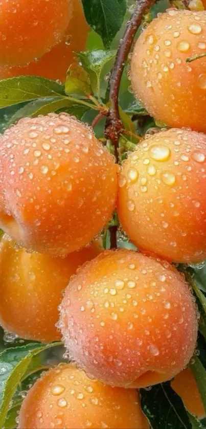 Close-up of ripe apricots with dewdrops on a branch.
