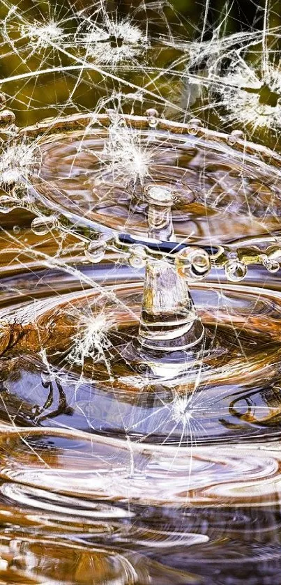 A water droplet creates ripples on a golden pond surface.