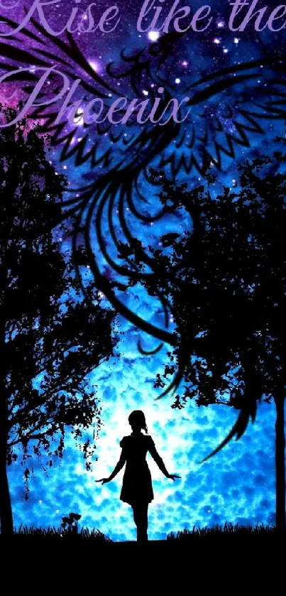 Silhouette and phoenix in cosmic backdrop.