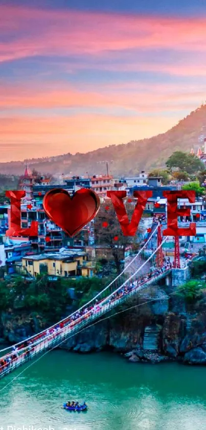 Rishikesh landscape with love decoration at sunset.