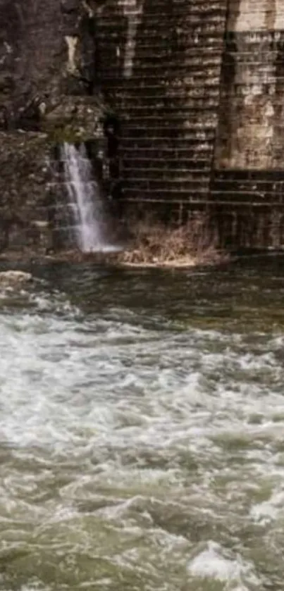 Serene river flowing beside a rustic brick wall.