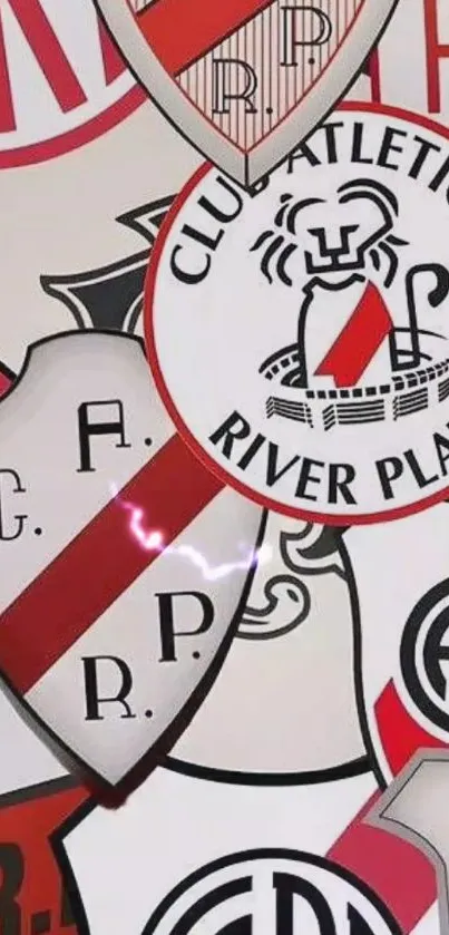 River Plate logos collage wallpaper featuring iconic emblems in red and white.