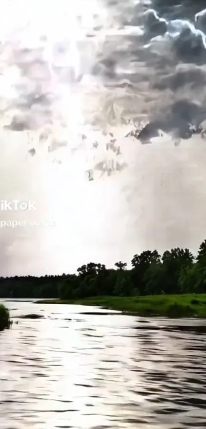 Stormy river with dramatic gray sky.