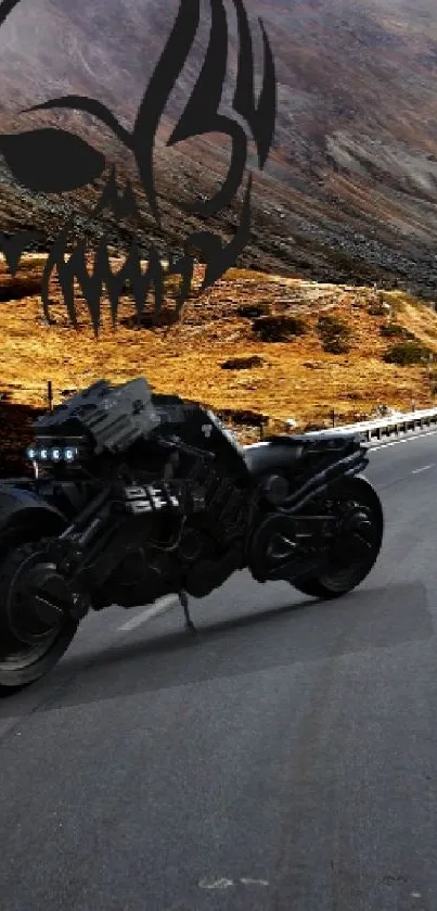 Motorcycle on a winding road amid golden brown mountains in autumn.