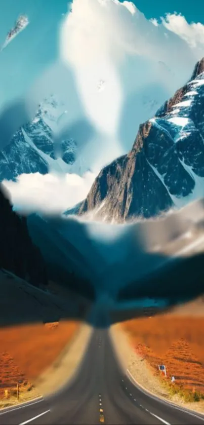 A scenic road leading to majestic snow-covered mountains under a vibrant blue sky.