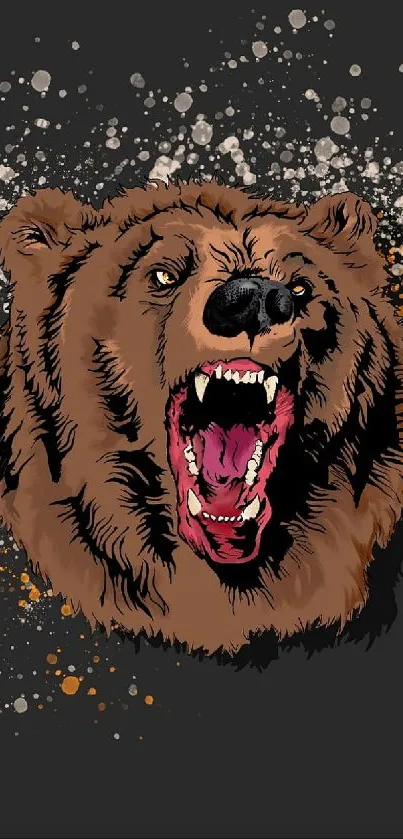 Roaring brown bear with artistic splatter design on a dark background.