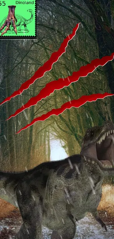 Roaring dinosaur in a dark forest with claw marks and a Dinoland stamp.