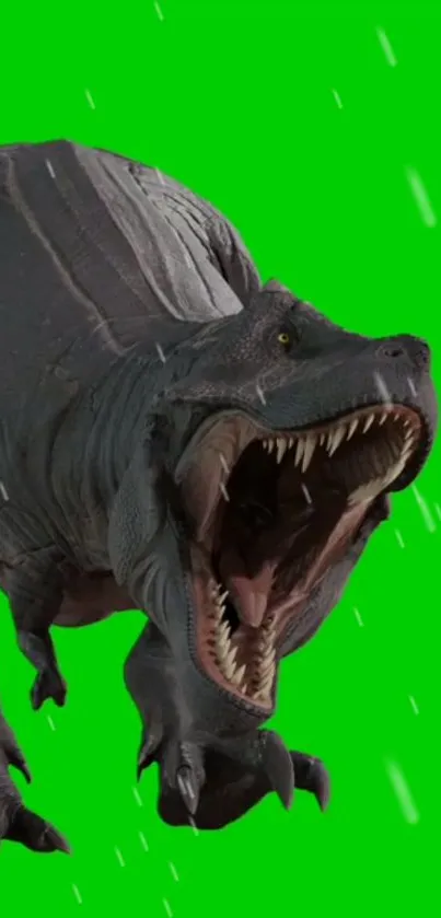 Roaring dinosaur with open mouth on bright green background.