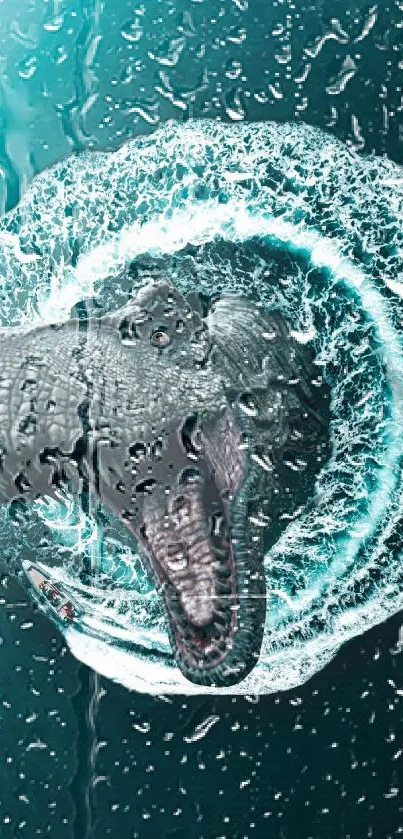 Ferocious dinosaur head with water splash effect on mobile wallpaper.