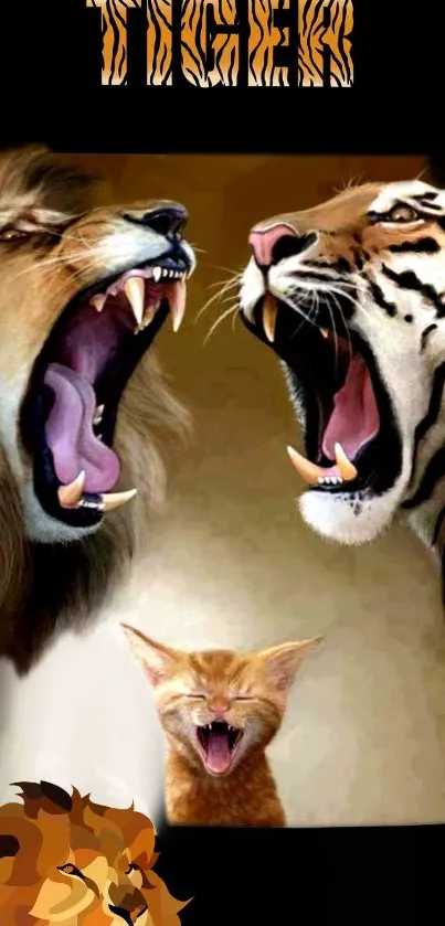 Roaring lion and tiger with a small cat in a dramatic wildlife scene.