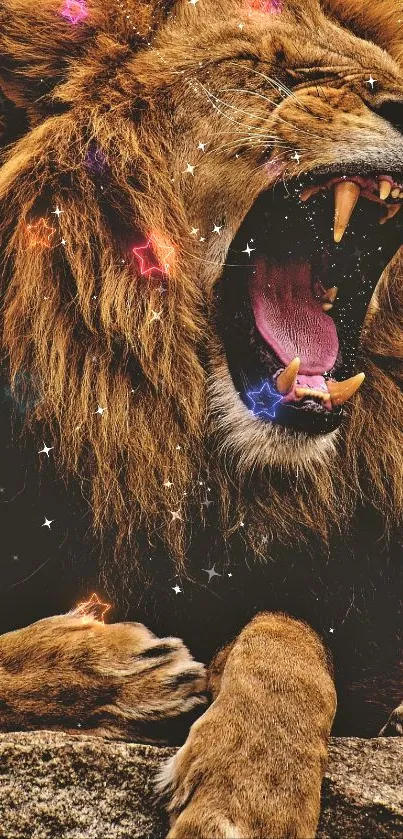 Roaring lion with colorful stars wallpaper.