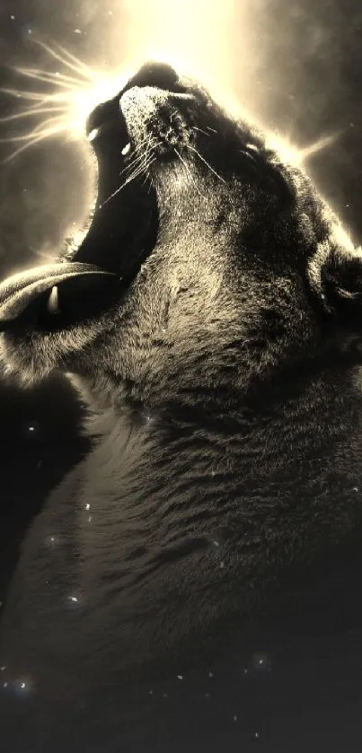 Roaring lion in dramatic black and gold light art, perfect for mobile wallpaper.