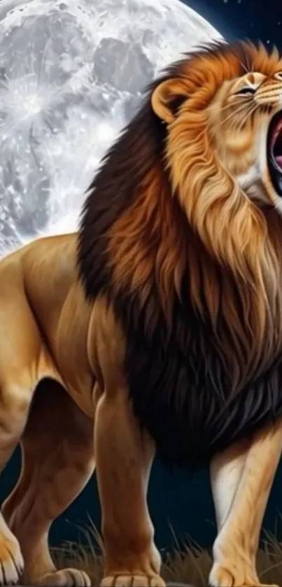 Illustration of a roaring lion in front of a full moon at night.