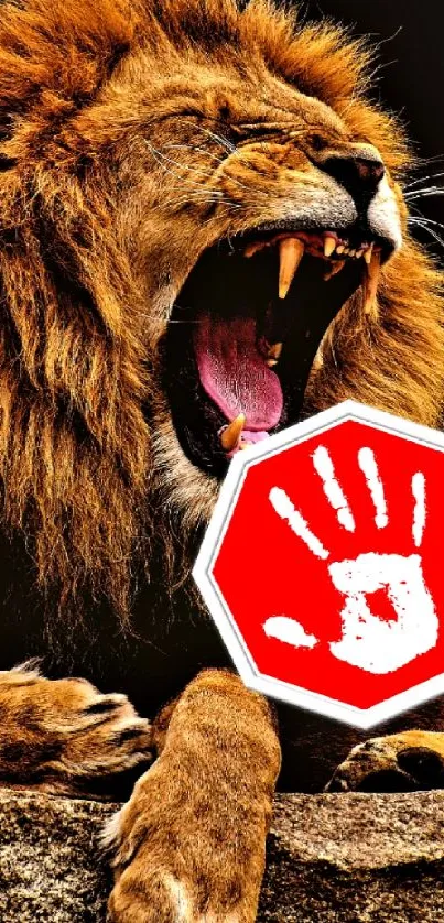 Roaring lion with a hand stop sign in artistic wallpaper design.