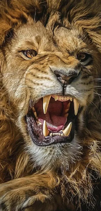 Roaring lion close-up in stunning wildlife wallpaper.