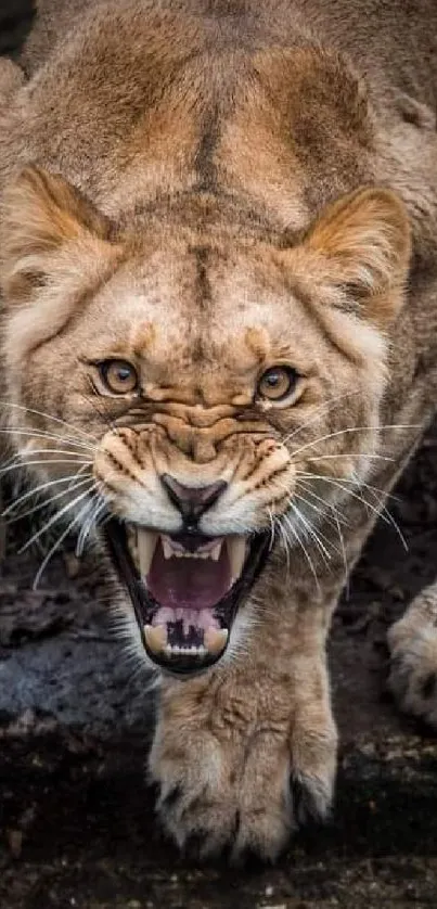 Fierce lioness growling in a natural habitat.