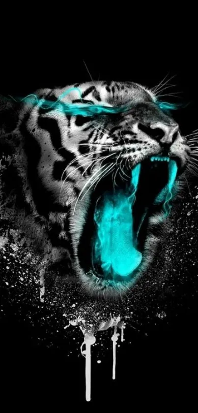 Roaring tiger with neon blue accents on a black background wallpaper.