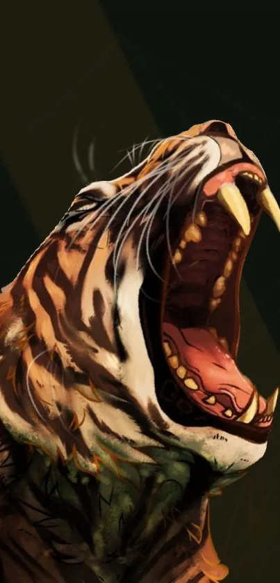 Roaring tiger illustration with vivid colors on dark background.