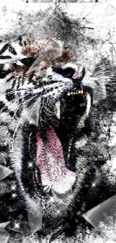 Black and white abstract roaring tiger wallpaper.