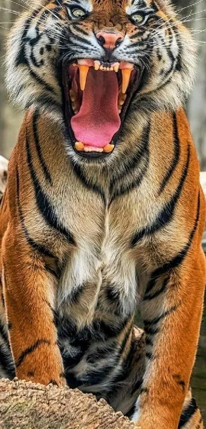 Roaring tiger in a natural setting, vivid mobile wallpaper.