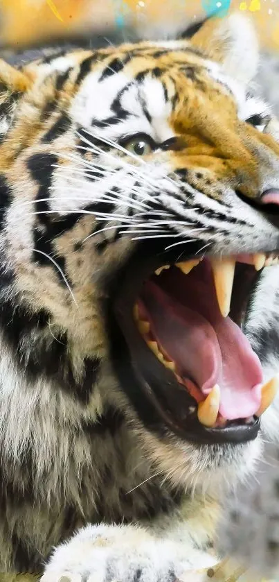 Close-up of a roaring tiger showing its sharp teeth.