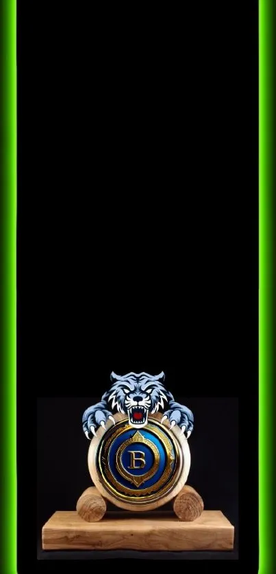 Mobile wallpaper featuring a dynamic tiger emblem with green and blue accents.