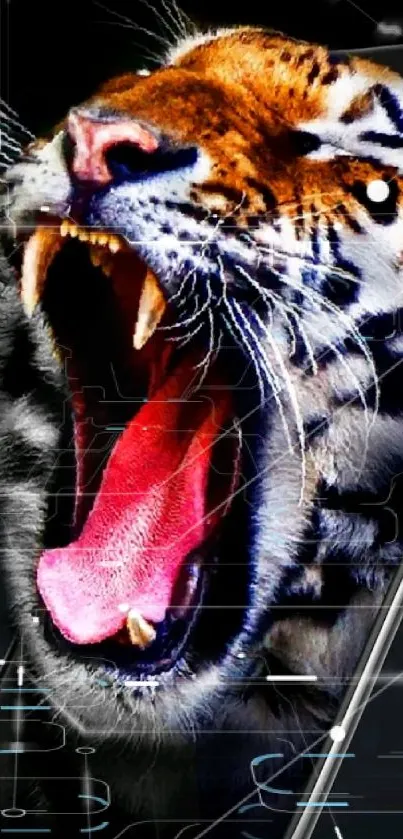 Roaring tiger bursting through smartphone screen.