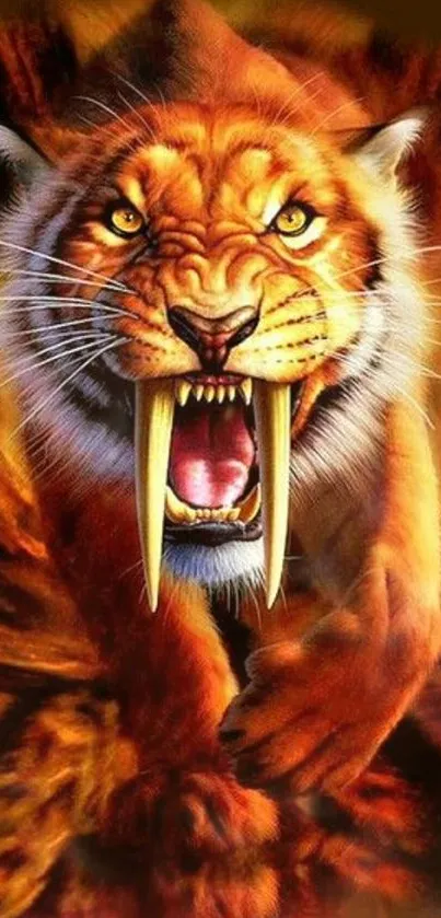 Fierce roaring tiger illustration with vibrant orange hues and piercing eyes.