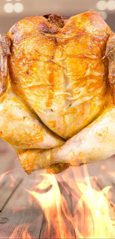 Roasted chicken with flames background.