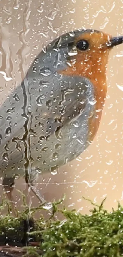 Robin bird through rain-speckled glass.